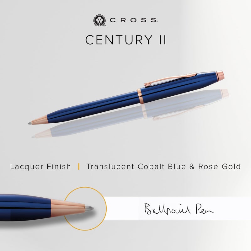 Cross Century II Refillable Ballpoint Pen Presented in a Luxury Gift Box - Medium Point, Black Ink, Translucent Cobalt Blue & Rose Gold - Image 3